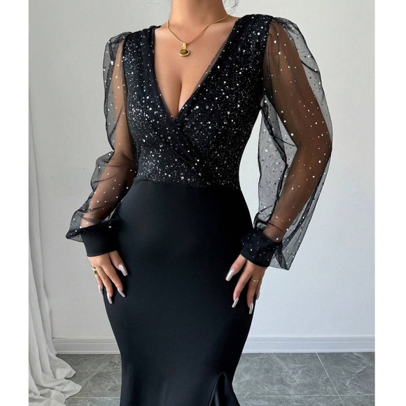 Luxe Black Sequin V neck Semi Sheer Long Sleeve Party Evening Gown Dress - Picture 3 of 5